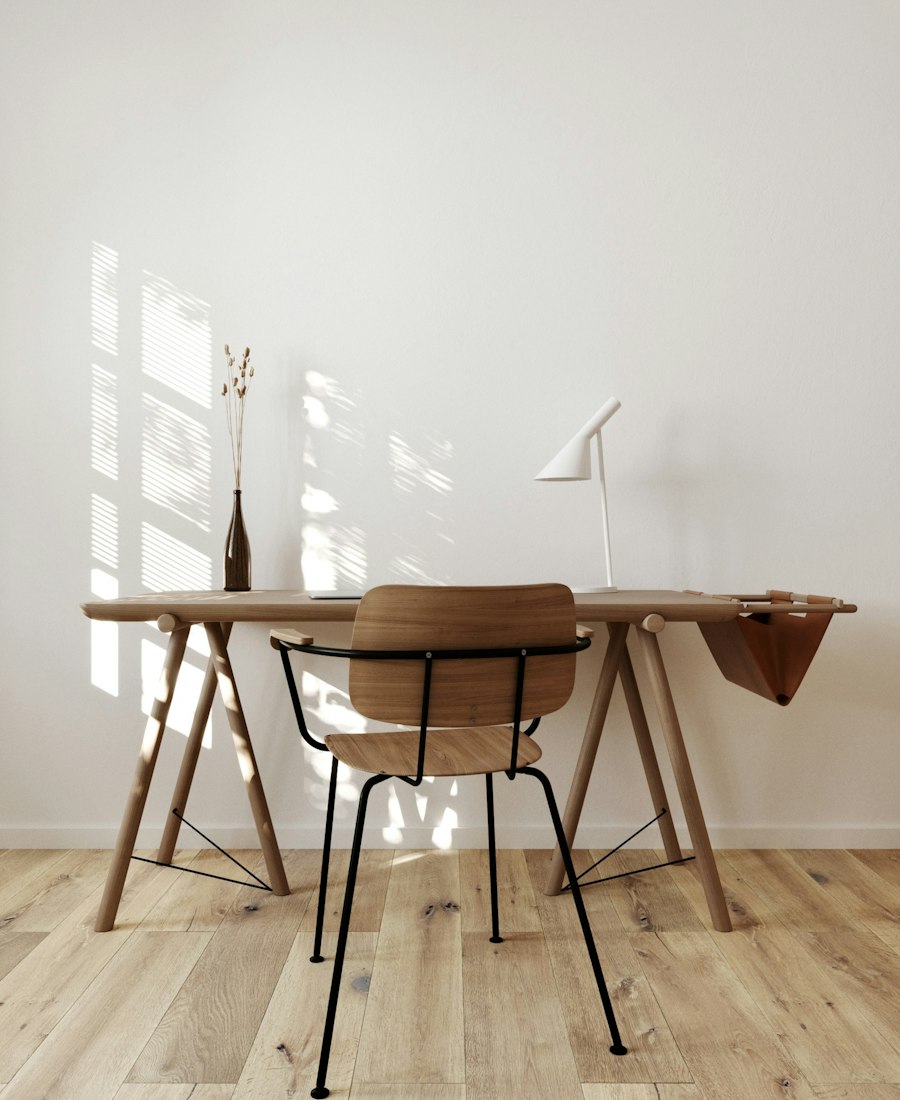 Home office with wooden and upholstered furniture
